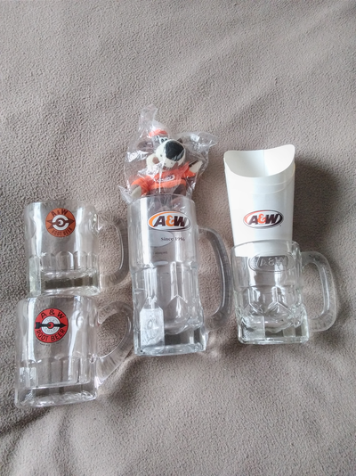 Four Vintage A&W Mugs all in good condition plus Fries Holder and A&W Toy. Cash Only - Pickup Only