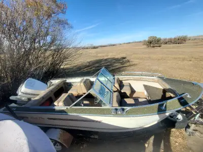 Aluminum open bow Blue Fin boat with a healthy VRO 120 HP Johnson outboard. Quite fast. Does about 8...