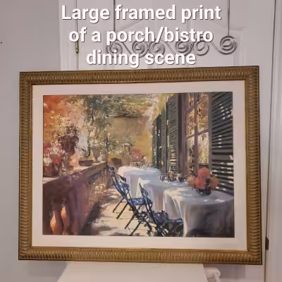 Large framed print of porch/bistro dining scene in beautiful gold detailed frame - $40 - Hold W e-tr...