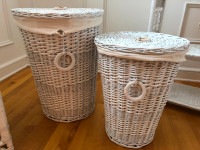 Vintage White Painted Rattan Wicker Laundry Baskets with Lids