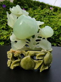 RARE CHINESE GREEN ICY JADE TREE OF LIFE WITH STAND 7 1/2 INCHES