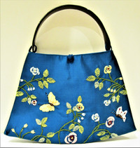 NEW, EMBROIDERED DUPIONI SILK & MOTHER OF PEARL ACCENT GLAM BAG