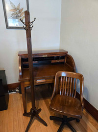 Antique roll top secretary desk, coatrack and chair