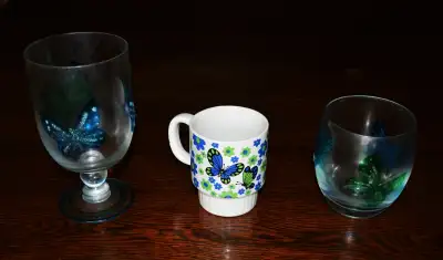 lot of 3 vintage butterfly decorated dishware - tasse et verre a, View more