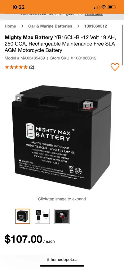 Mighty Max Battery YB16CL-B -12 Volt 19 AH, 250 CCA, Rechargeable Maintenance Free SLA AGM Motorcycl...
