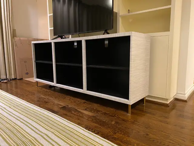 IKEA Besta TV Bench (25" H) – Faux Grasscloth, Brass Legs63234962344835121