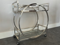 Glass and Chrome wheeled bar cart