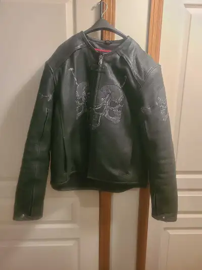 Boutique of leathers motorcycle jacket for sale. This jacket features striking skull embroidery on b...