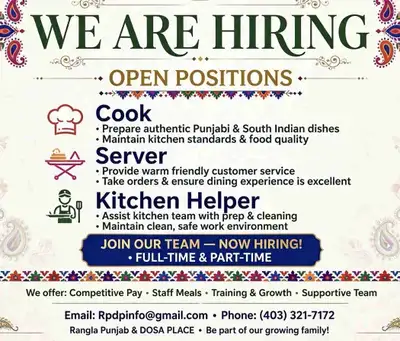 We are opening a new Indian restaurant Hiring Chef Kitchen helper Server call text 4033217172