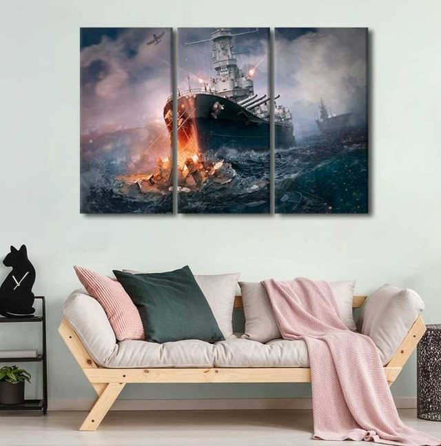 3-Panel WWII Battleship Art, Framed & Ready to Hang 36"x24" in Arts & Collectibles in City of Toronto - Image 4
