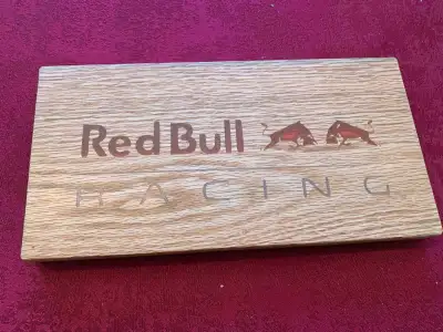 Red Bull Racing Plaque made of solid oak. Carved with a CNC router and filled with coloured epoxy re...
