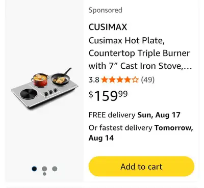 CUSIMAX TRIPLE BURNER, 7 CAST IRON STOVE, View more