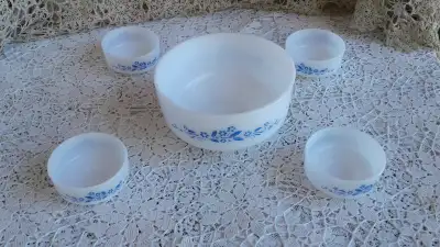 Vintage Federal Milk Glass Berry Bowl Set-- Blue Flower, View more