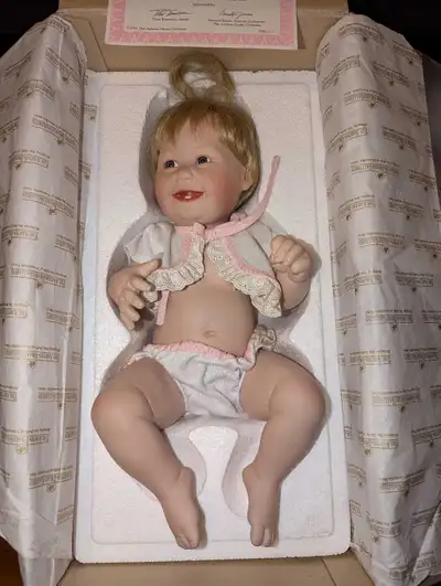 Ashton Drake galleries .cute as a button. baby doll.no tag.original box.looks new.coa.13 inch long