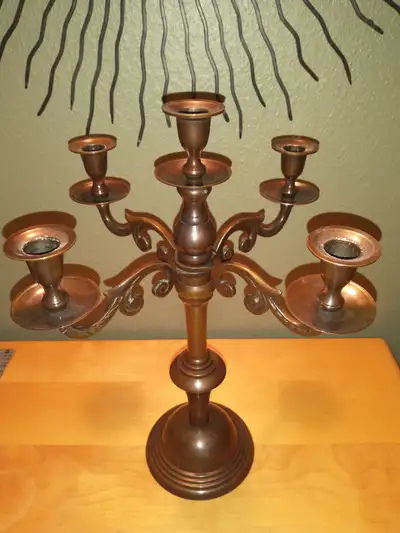 Selling gorgeous 5 candles coloured brass candelabra 17" high. It is 10" x 10" and base has 6" in di...