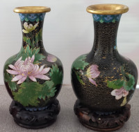 2 VINTAGE CHINESE CLOISONNE ENAMELED VASES  5.25" WITH STANDS