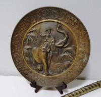 CAST BRONZE old ASIAN wall plaque CHARGER man riding elephant