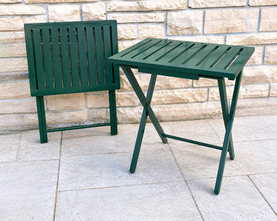 2 folding solid wood side tables finished in green, View more