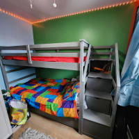 Gray Twin over twin bunk bed with trundle and side stairs 