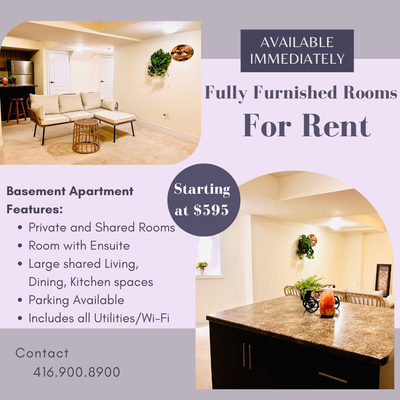 Private Furnished Room for Rent in Spacious Basement Apartment, View more