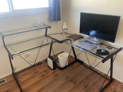 Glass Office Desk Floor Protector & Chair Glass corner desk provides lots of working space and stora...