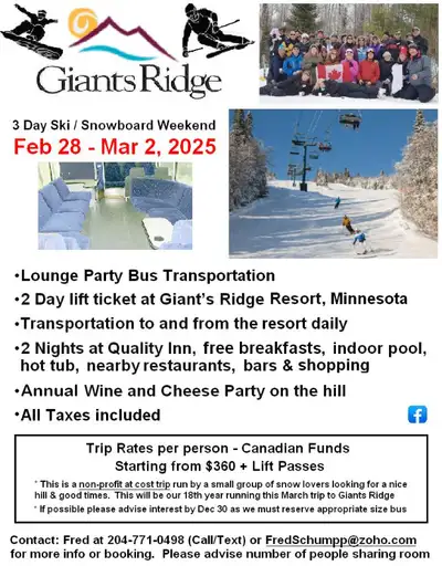 3 Day Ski / Snowboard Weekend Bus Trip to Giant's Ridge, MN February 28 - March 2, 2025 This is a Sn...