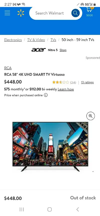 This is a brand new open box 58 INCH RCA 4k SMART VIRTUOSO TV, and tv is literally New. Model RNSMU5...