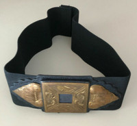 Vintage 80s wide elastic belt with big brass buckle