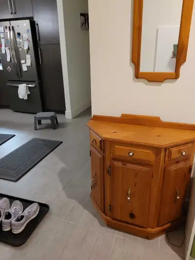 Pine cabinet and matching mirror., View more