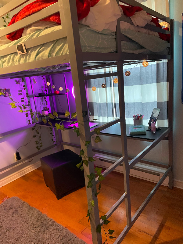 Double loft bed. Metal frame, with built in desk underneath Beds