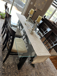 Glass Dining Tables with 6 custom covered chairs