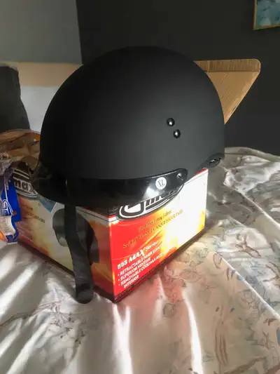 Brand new black cool max helmet with built in visor in dark and orange tint. size XL