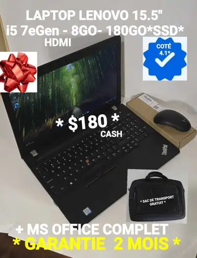 LAPTOP  LENOVO 15.5 "- i5 7eGen-8GO- 180GO*SSD*, View more