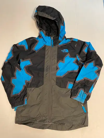 Boys North Face wind breaker hooded jacket Color: Blue, grey and black Size: Boy's Medium (10/12)
