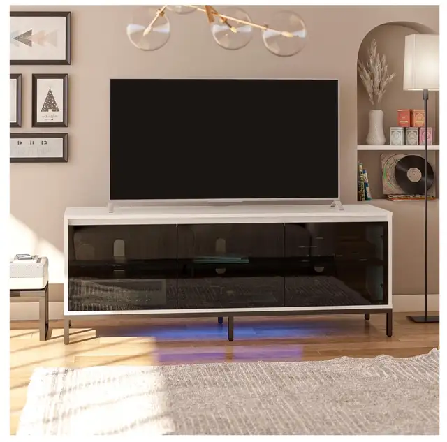 Base TV blanche avec vitres noires et LED (sans pattes) in Other in Lévis - Image 2