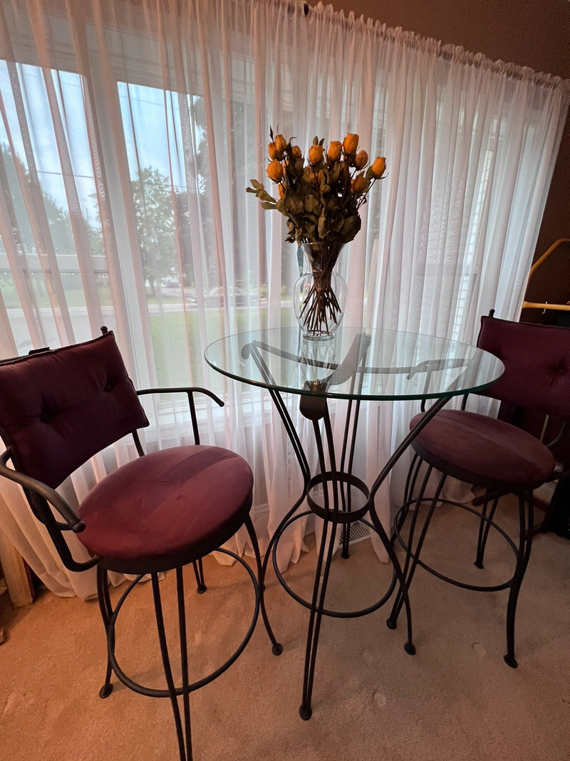 30” Glass top wrought iron Bistro table with Swivel Chairs Dining