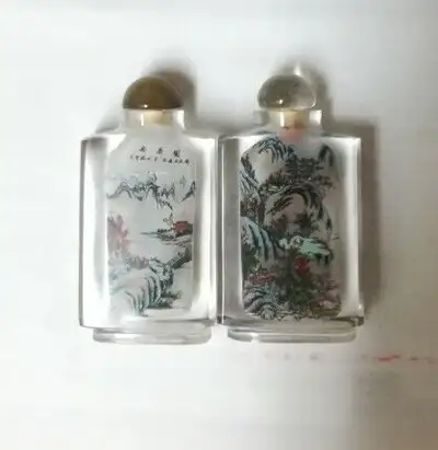 Beautiful Crystal Inside Painted Snuff Bottle x 2, 3.275" High, View more