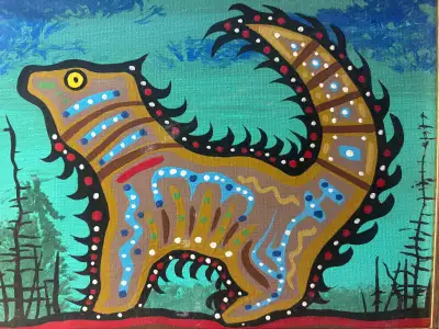 Original framed “Wolf Spirit” painting by listed Canadian artist Duncan Pheasant featuring a stylize...
