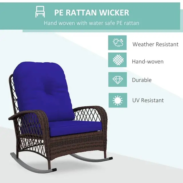 Blue Outdoor Wicker Rattan Rocking Chair with thick cushion  in Patio & Garden Furniture in Markham / York Region - Image 4