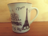 PARIS Cafe Coffee MUG: Black interior / B&W EIFFEL Tower Motif