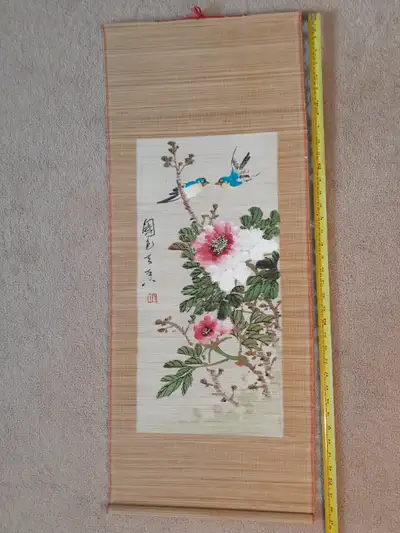This is a very old painting on bamboo. It is 39" x 16". Truly lovely. It is in the original box mark...