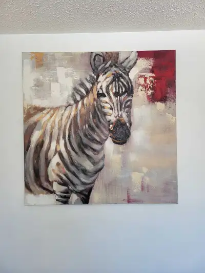 Square zebra canvas in great condition. 102cm x 102cm Neutral tones with subtle red accent Moving sa...