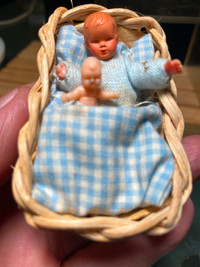 Vintage Miniature Baby Dolls  3” Wicker Cradle