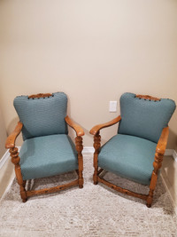 Two Dutch solid wood and fabric armchairs.