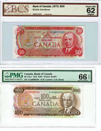 1975 $50 &$100 Bank of Canada Banknotes, Graded Choice & Gem UNC