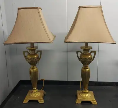 PAIR OF GOLD-TONE LAMPS WITH SHADES, View more