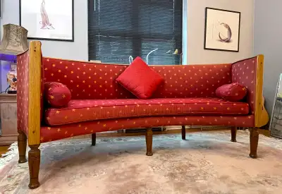 Charming upholstered oak curved bench., View more