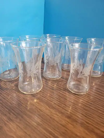 8 Mid Century WHEAT etched juice drinking glasses, View more