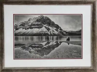 Black and white mountain photography wall art Silvery hue Framed 19 1/2 inch high x 25 1/2 inch wide...