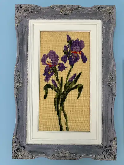 Cross Stitched Iris Framed, View more